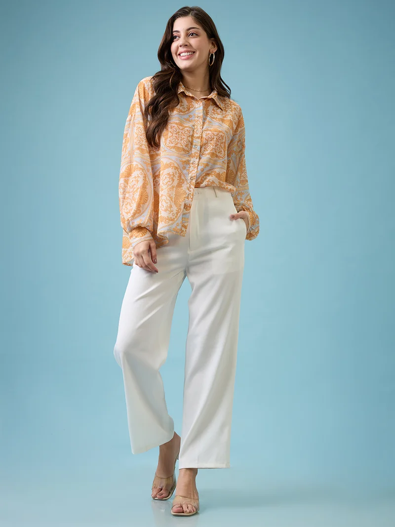 globus Women Yellow Ethnic Print Spread Collar Puffed Cuff Sleeves Oversized Shirt