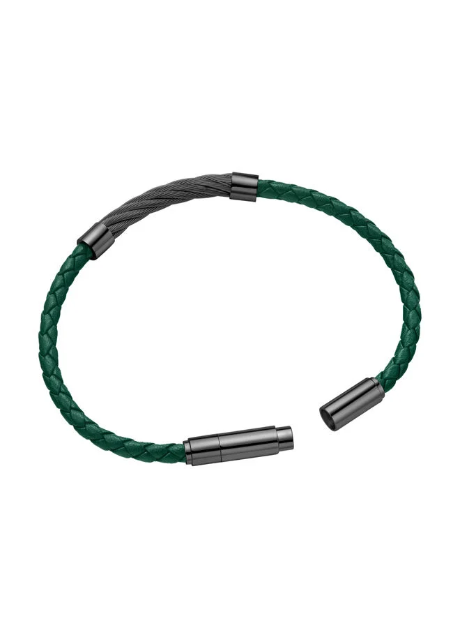 POLICE Kingpins Bracelet for Men Grey Cable with Green LeatherPEAGB0005449