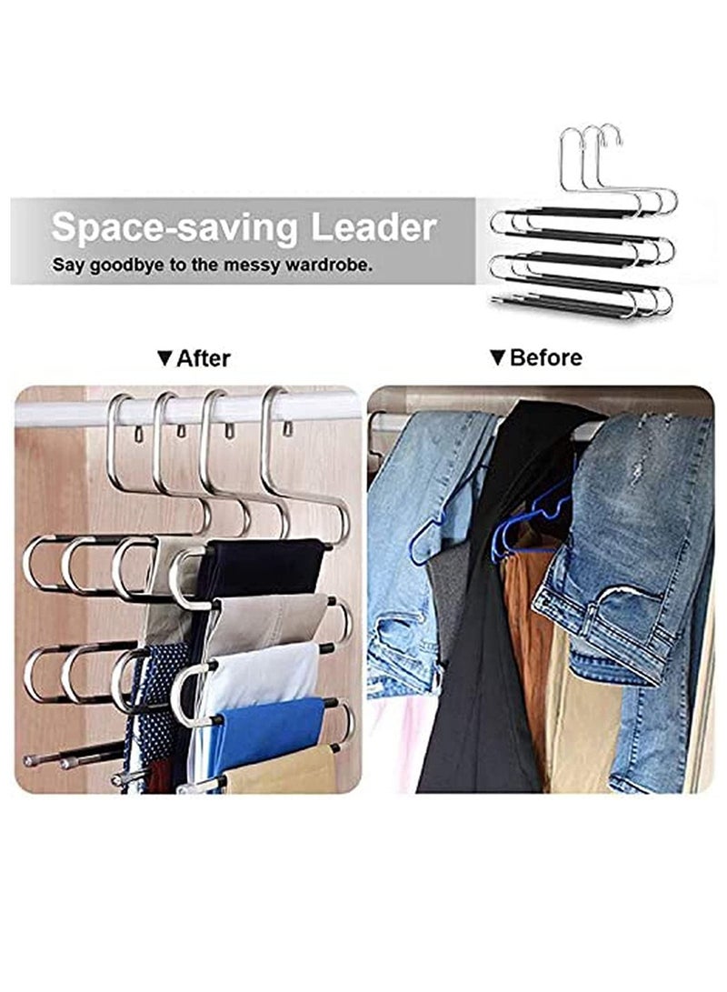 LEDIN 3 Pack Pants Hangers Non Slip S-Shaped 5 Layers Stainless Steel Clothes Hangers Closet Storage Organizer Multi Space Saving Hanger for Pants Jeans Belt Tie Scarf (Sliver)  - Image 4