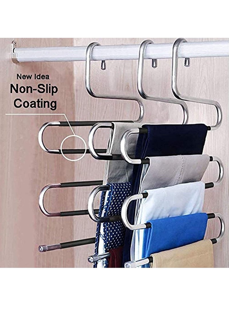 LEDIN 3 Pack Pants Hangers Non Slip S-Shaped 5 Layers Stainless Steel Clothes Hangers Closet Storage Organizer Multi Space Saving Hanger for Pants Jeans Belt Tie Scarf (Sliver)  - Image 2