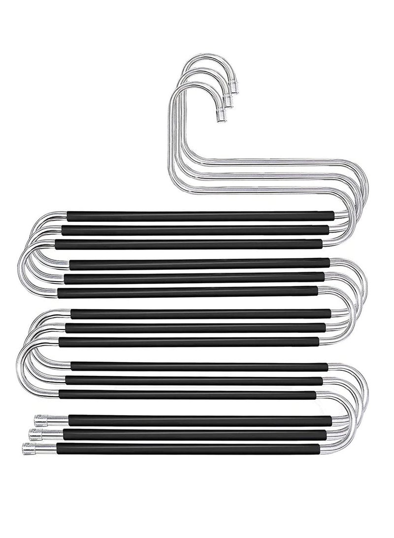 LEDIN 3 Pack Pants Hangers Non Slip S-Shaped 5 Layers Stainless Steel Clothes Hangers Closet Storage Organizer Multi Space Saving Hanger for Pants Jeans Belt Tie Scarf (Sliver)  - Image 1