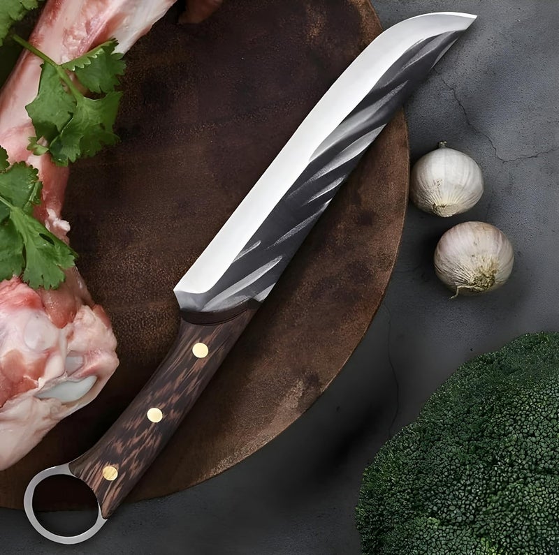 Wizbiz سكين مطبخ ويزبيز المصنوعة يدويًا لقص اللحم سكين جزار كاملة الشفرة سكاكين شيف من الفولاذ الكربوني العالي سكين تقطيع اللحم حادة مع مقبض خشبي للشواء - Image 3