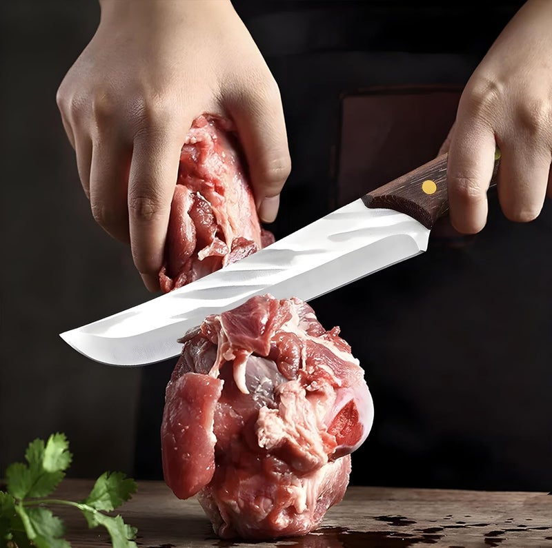 Wizbiz سكين مطبخ ويزبيز المصنوعة يدويًا لقص اللحم سكين جزار كاملة الشفرة سكاكين شيف من الفولاذ الكربوني العالي سكين تقطيع اللحم حادة مع مقبض خشبي للشواء - Image 5