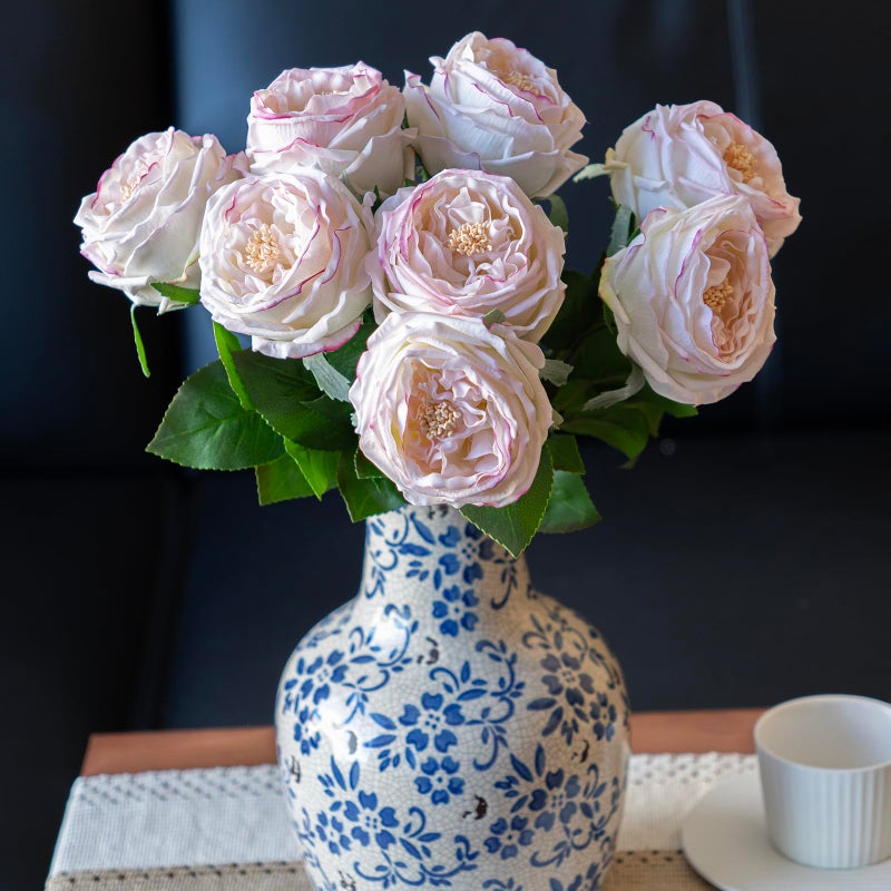 DUYONE Light Pink 4pcs Fake Flowers for Decoration Home Decor Artificial Flowers Austin Rose Peony Latex Fake Flower Living Room Decoration Vivid Pink Roses Peonies(Pink Edge 4pcs) - Image 3