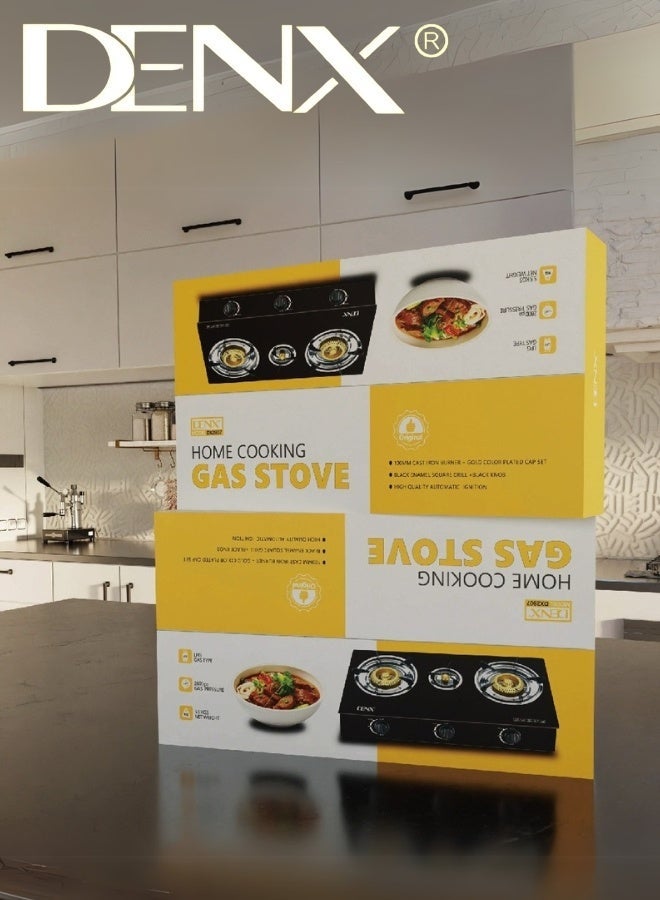 دينكس موقد غاز للطهي المنزلي موديل DX2807 - 3 شعلات بأغطية مطلية بالذهب، إشعال تلقائي، تصميم أنيق، وزن 5.5 كجم، ضغط غاز 2800 باسكال - متوافق مع غاز البترول المسال - Image 1