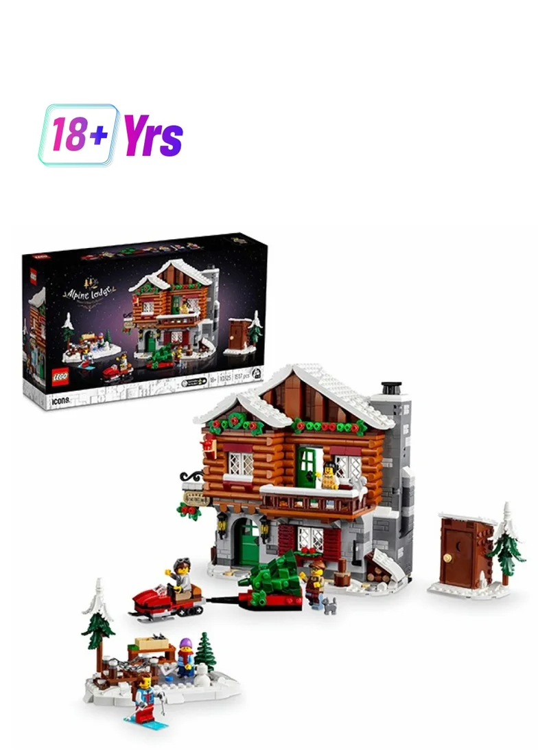 ليغو LEGO Icons Alpine Lodge, Model House Kit, Festive Family Activity Featuring a Buildable Winter Cabin with 5 Minifigures and 2 Animal Figures, Home Decoration, Gift Idea for Adults, Women, Men 10325