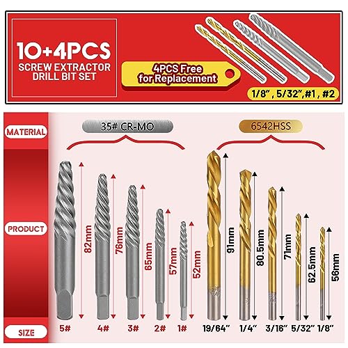 UYECOVE 14 Pieces Screw Extractor Set, Left Hand Drill Bits Set for Removing Stripped Screws and Broken Bolts 35# Cr-Mo & 6542 HSS Steel Cobalt Easy Out Screw Extractor Set Broken Bolt Extractor Kit - Image 2