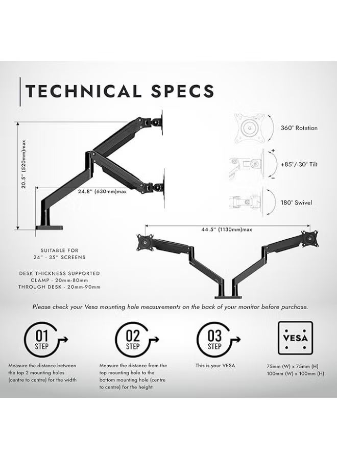 Dual Monitor Desk Mount for 22–32 Inch Screens, Gas Spring Adjustable Monitor Arm with Clamp Base and VESA 75x75 & 100x100 - Image 5