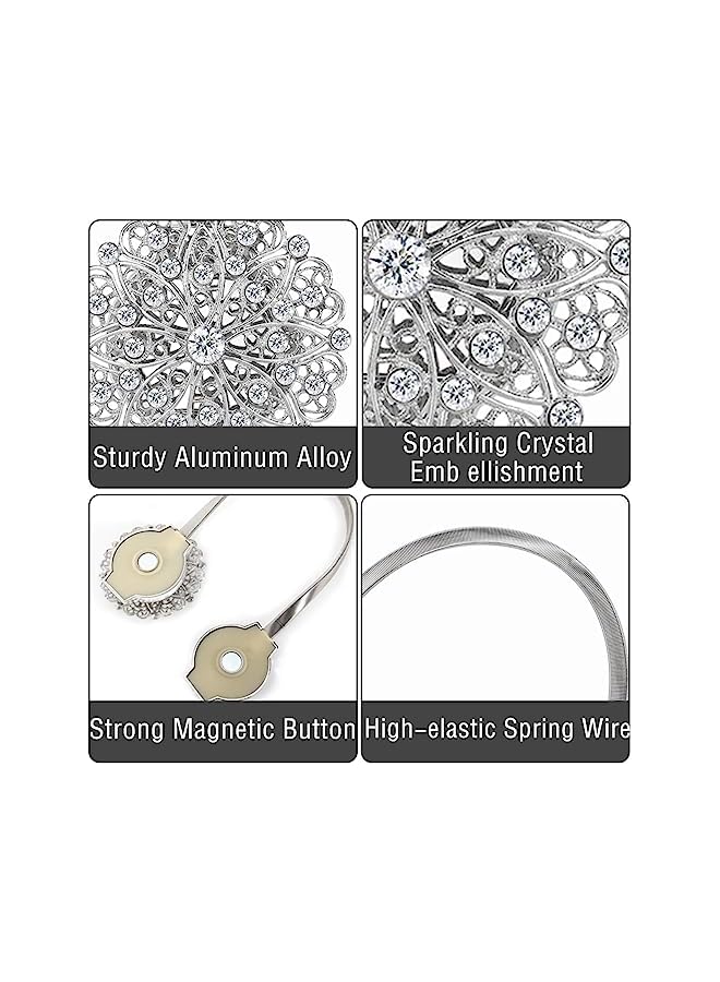The Bros Crystal Flower Magnetic Curtain Tiebacks, 2 Pack Window Curtain Decorative No Drilling Drapery Holdbacks Flower Curtain Buckle with High-elastic Spring Wire for Home Office Decor - Silver  - Image 5