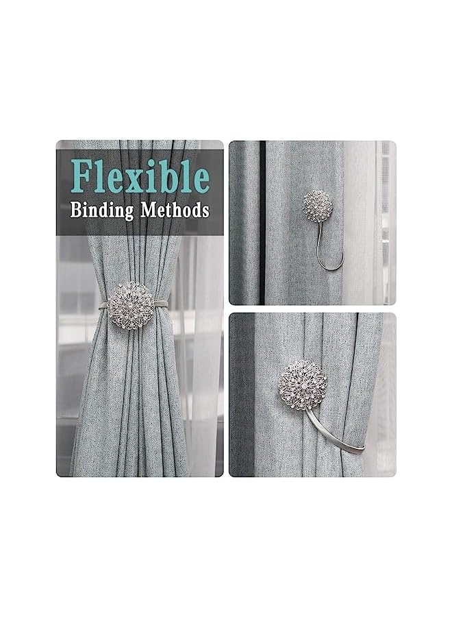 The Bros Crystal Flower Magnetic Curtain Tiebacks, 2 Pack Window Curtain Decorative No Drilling Drapery Holdbacks Flower Curtain Buckle with High-elastic Spring Wire for Home Office Decor - Silver  - Image 2