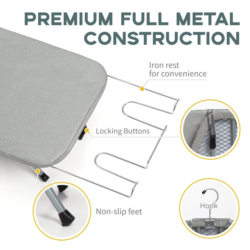 RAINHOL Metal Foldable Tabletop Ironing Board with Iron Rest, Portable Ironing Board Small with Heat Resistant Cotton Cover, RAINHOL Mini Iron Board for Small Space and Travel, 31"x12", Gray - Image 3
