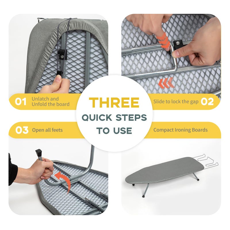 RAINHOL Metal Foldable Tabletop Ironing Board with Iron Rest, Portable Ironing Board Small with Heat Resistant Cotton Cover, RAINHOL Mini Iron Board for Small Space and Travel, 31"x12", Gray - Image 5