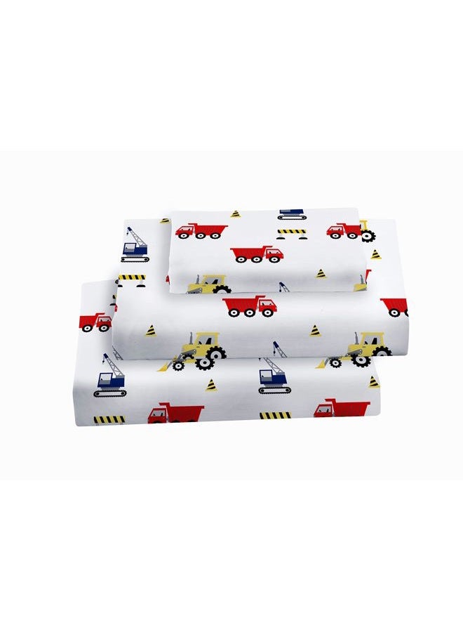 Softan Twin Bed Sheet Set for Kids, 3 PC Construction Printed Brushed Microfiber Kids Bedding Set, 1 Flat Sheet,1 Deep Pocket Fitted Sheet, and 1 Pillow Case, Breathable & Silky Soft Feeling Sheets - Image 1