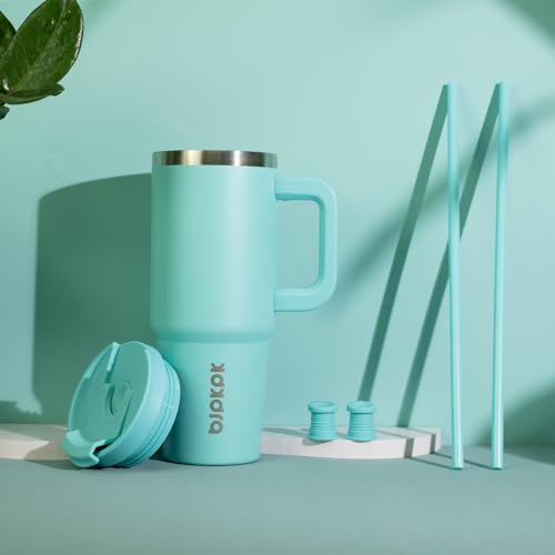 BJPKPK 40 oz Stainless Steel Tumbler With Handle Insulated Tumblers With 2 Straw Travel Coffee Mug With Lid,Turquoise - Image 5