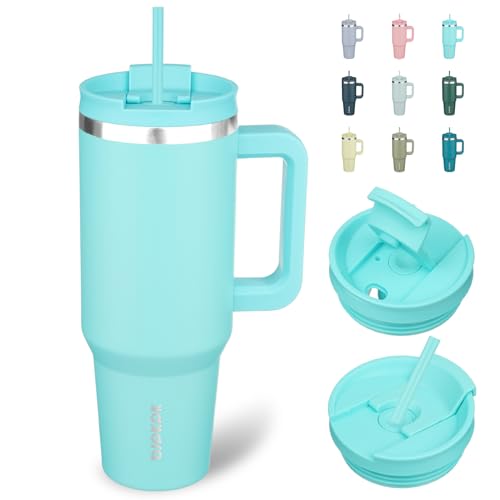 BJPKPK 40 oz Stainless Steel Tumbler With Handle Insulated Tumblers With 2 Straw Travel Coffee Mug With Lid,Turquoise - Image 1