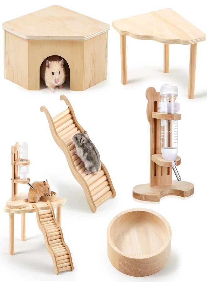 Sonwyoung 5 Pcs Hamster Cage Accessories, Wood Hamster Play Wooden Platform Water Bottle with Stand Climbing Set for Rat Mice Small Animals Pets Habitats Woodland Decor(Scalloped Platform) - Image 1
