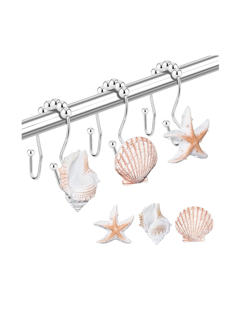 Seashell Shower Curtain Hooks Ring, 12 Pcs Anti Rust Decorative Double Resin Hooks, for Beach Bathroom, Baby Room, Bedroom, Living Room Decor - Image 1