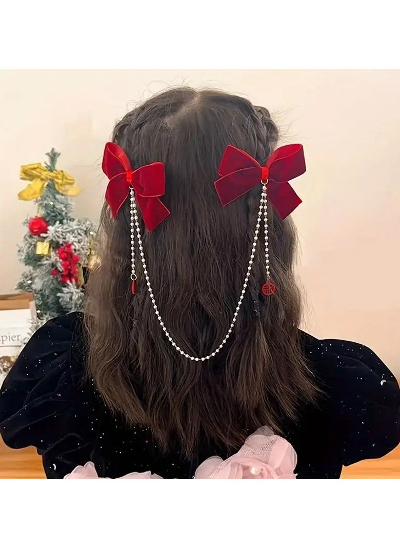 Goolsky 1pair, Elegant Vintage Premium Bow Hair Clips, Sweet Premium Faux Pearl Tassel Chain Hair Clips, Girls Princess Style Hair Accessories, Gift Photo Props  - Image 1