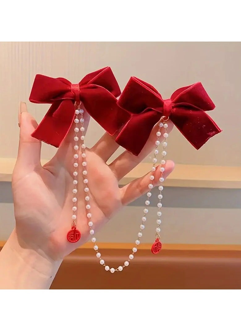 Goolsky 1pair, Elegant Vintage Premium Bow Hair Clips, Sweet Premium Faux Pearl Tassel Chain Hair Clips, Girls Princess Style Hair Accessories, Gift Photo Props  - Image 3