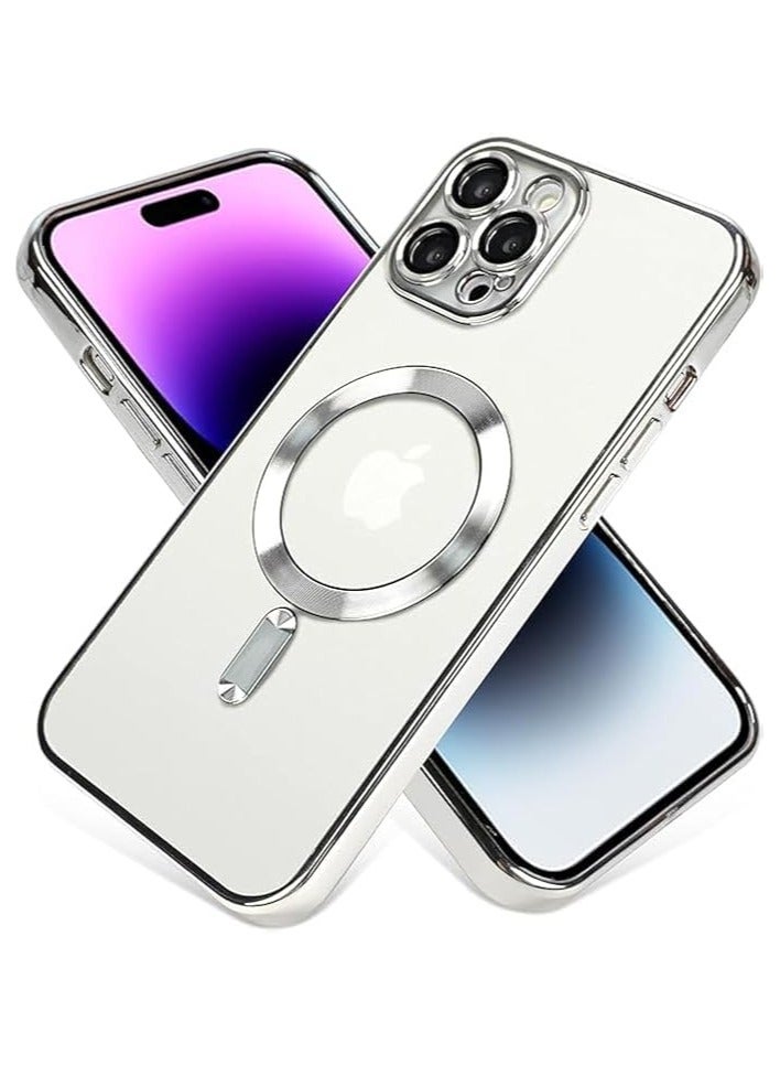 Plated iPhone 14 Pro Max Case with Camera Lens Protector (MagSafe Compatible) Slim Anti-Scratch Shockproof Protective Case for iPhone 14 Pro Max for Women and Men - Silver, ABS 