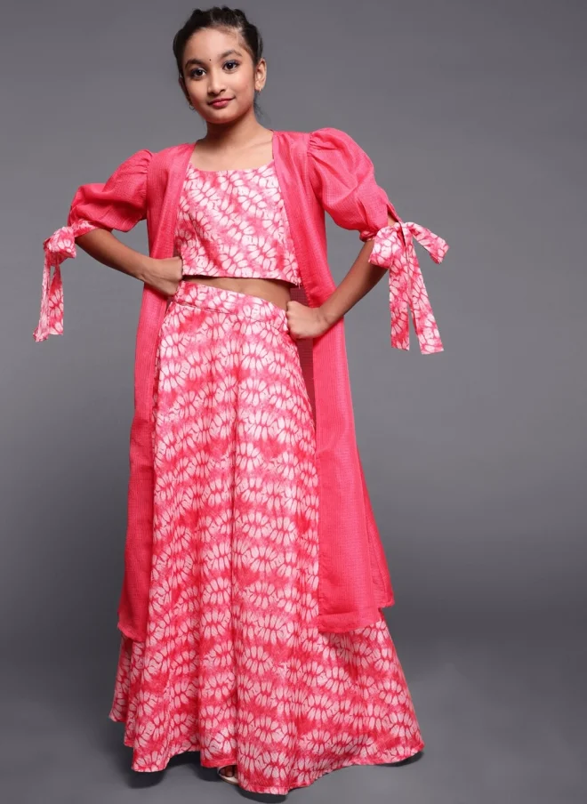 AKS Pink Printed Lehenga Choli Set for Girls