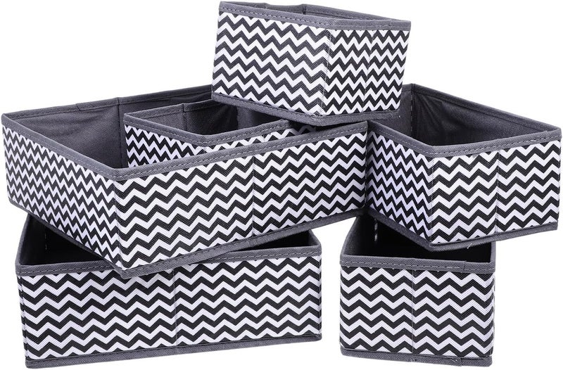 6pcs Foldable Wave-pattern Underwear Storage Boxes, Sock and Organizer Set in Black and White for Closet and Travel Use - Image 1