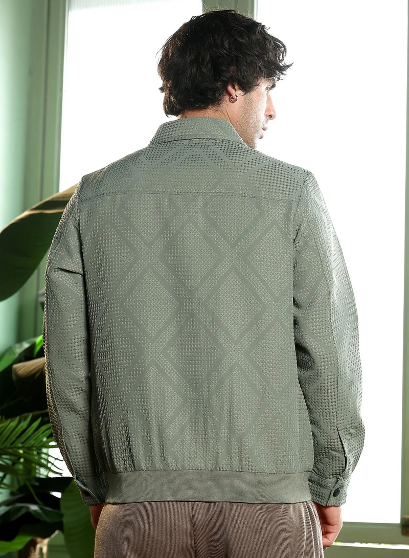 CAHOOT  Men's Pastel Olive Rhombus-Jacquard Zip-Front Jacket for Men | Best Price UAE