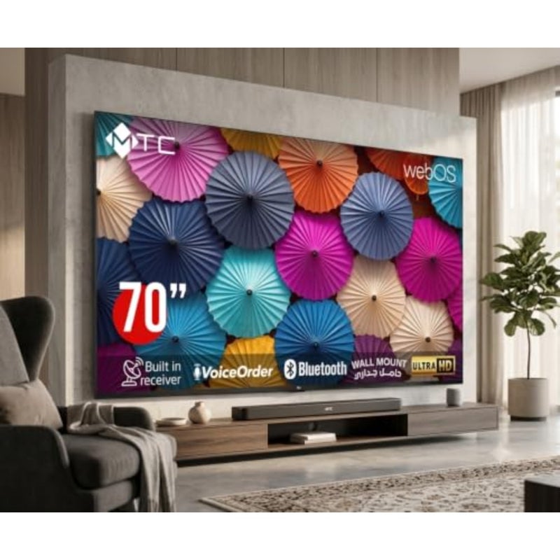 تلفزيون DLED ذكي مقاس 70 بوصة بدقة 4K لاستخدام غرفة المعيشة، إطار بلاستيكي ومعدني، طلاء أسود، شاشة فائقة الدقة مع تحكم صوتي ومنصة webOS - Image 3