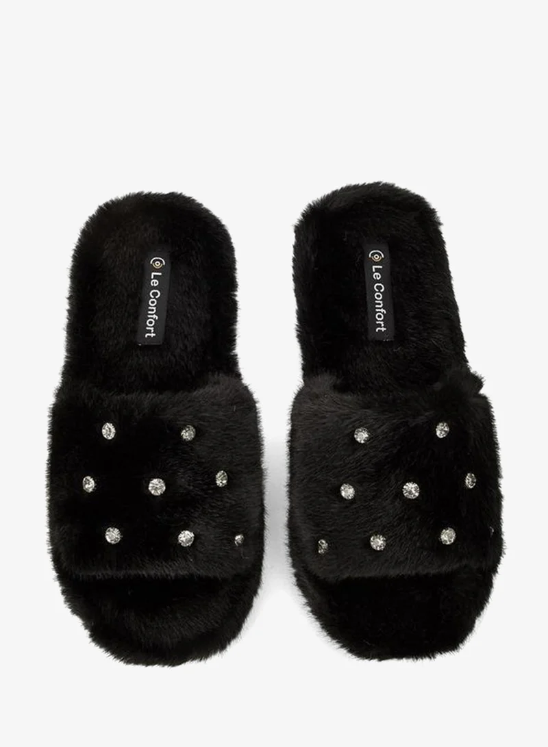 Le Confort Black Women Embellished Bedroom Slides for Women | Best Price UAE