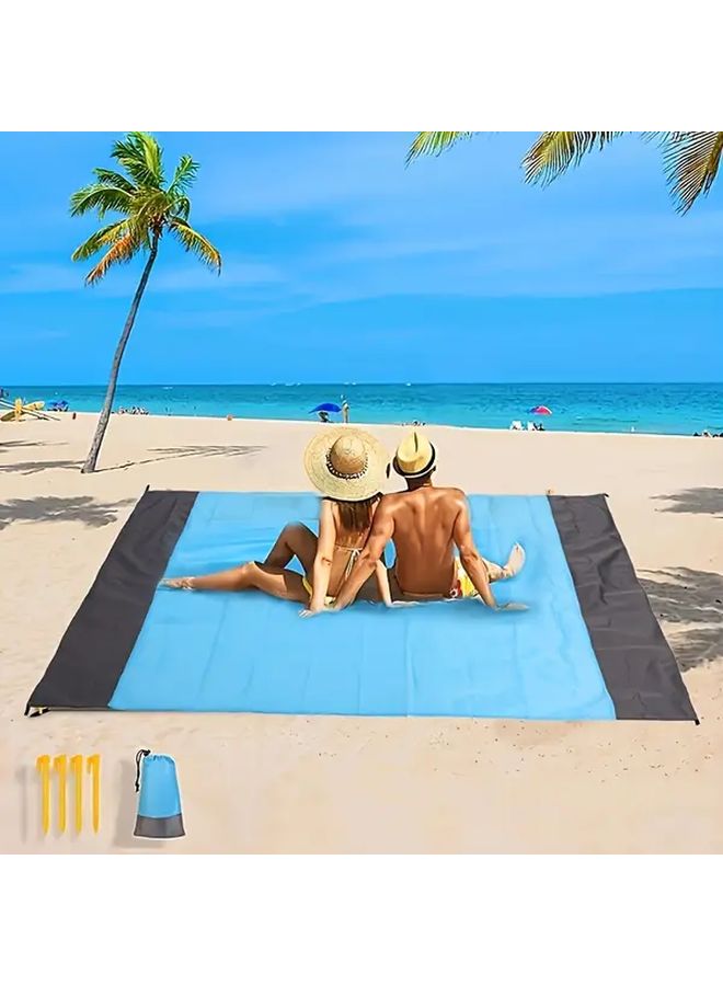 Blue Oversized Sand Free Beach Blanket Portable Picnic Mat with Stakes for Camping - Image 3