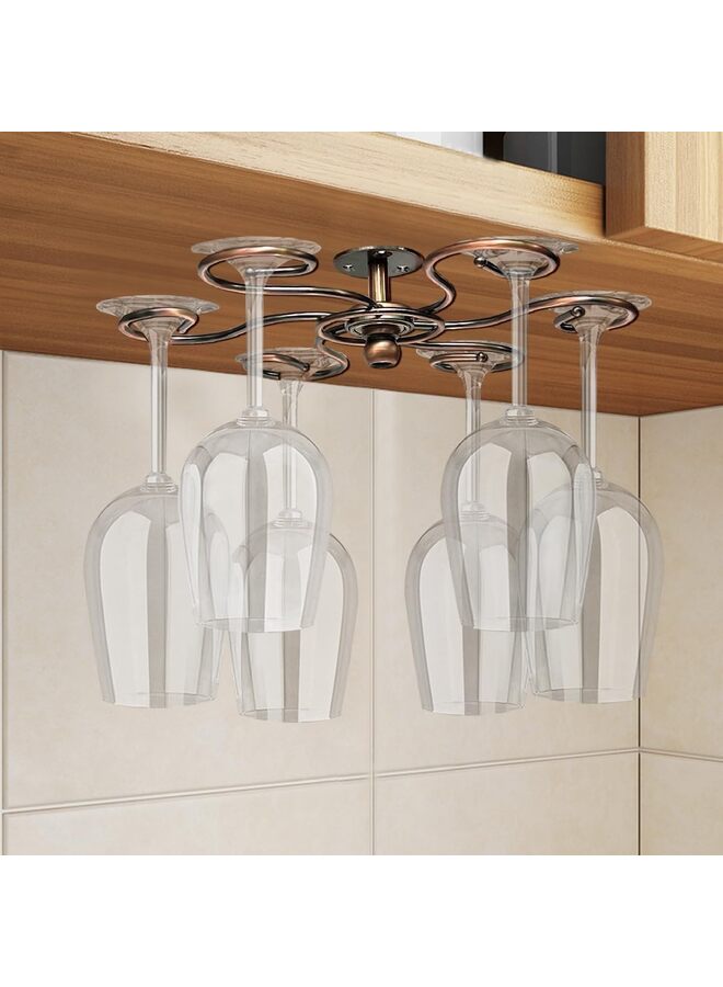 360° Rotatable Wine Glass Holder, Under Cabinet Stemware Rack Glass Hanger Drying Rack Storage Organizer With 6 Hooks for Home and Bar (Bronze) - Image 5