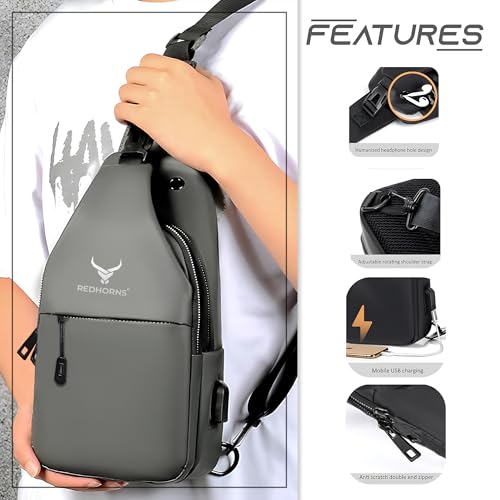 REDHORNS Waterproof Crossbody Chest Bag for Men and Women Fashion Sling Bag With Adjustable Shoulder Strap, Multipurpose Cross Body Backpack with 4 Pockets, USB Charging Port and Earphone Hole (Grey) - Image 2