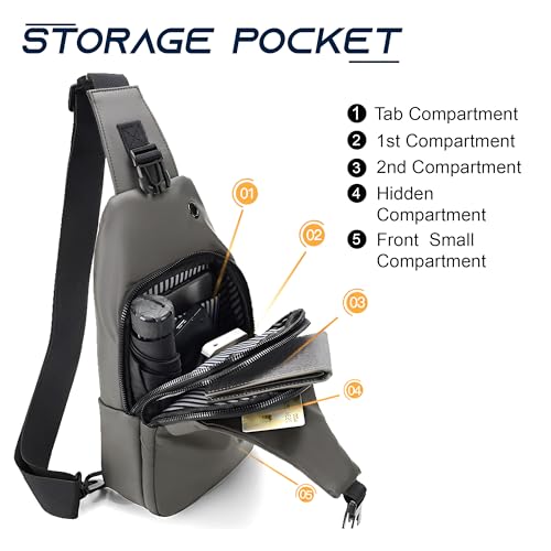 REDHORNS Waterproof Crossbody Chest Bag for Men and Women Fashion Sling Bag With Adjustable Shoulder Strap, Multipurpose Cross Body Backpack with 4 Pockets, USB Charging Port and Earphone Hole (Grey) - Image 4