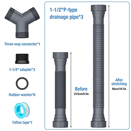 NiHome Expandable Flexible 1 1/2" or 1 1/4" P-Trap Pipe for Double Kitchen Sink, with Adapter Sealing Ring Tape Drain Tubing Pipe Kit for Kitchen Sink Drain & Garbage Disposal (Grey) - Image 4