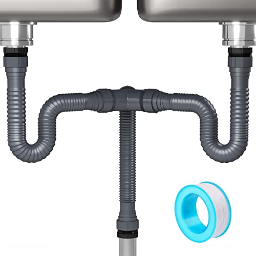 NiHome Expandable Flexible 1 1/2" or 1 1/4" P-Trap Pipe for Double Kitchen Sink, with Adapter Sealing Ring Tape Drain Tubing Pipe Kit for Kitchen Sink Drain & Garbage Disposal (Grey) - Image 1