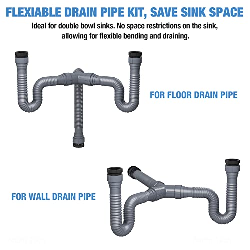 NiHome Expandable Flexible 1 1/2" or 1 1/4" P-Trap Pipe for Double Kitchen Sink, with Adapter Sealing Ring Tape Drain Tubing Pipe Kit for Kitchen Sink Drain & Garbage Disposal (Grey) - Image 5