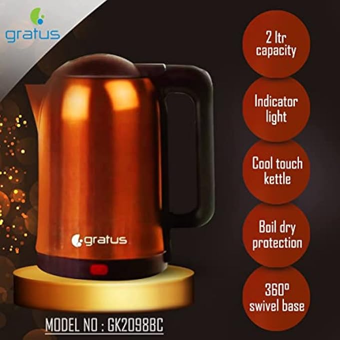 gratus Electric Copper Coated StainlessSteel Kettle 2L 360Degree Cordless Power Base Model Glk2098Bc - Image 2