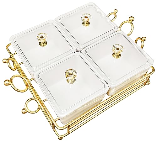 YA JU Ceramic Bowls and with Lid Gold Basket Trays, 4 Removable Small Bowls Condiment Trays Nut Serving Set for Snacks, Fruits, Candy and Condiments - Great for Parties, Holiday Gifts,White - Image 1