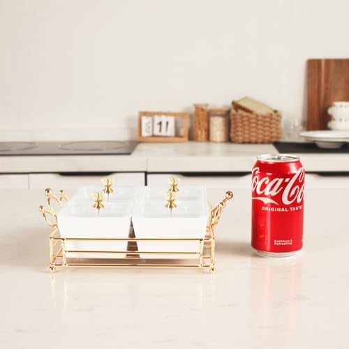 YA JU Ceramic Bowls and with Lid Gold Basket Trays, 4 Removable Small Bowls Condiment Trays Nut Serving Set for Snacks, Fruits, Candy and Condiments - Great for Parties, Holiday Gifts,White - Image 3
