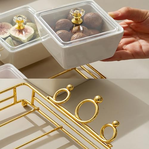 YA JU Ceramic Bowls and with Lid Gold Basket Trays, 4 Removable Small Bowls Condiment Trays Nut Serving Set for Snacks, Fruits, Candy and Condiments - Great for Parties, Holiday Gifts,White - Image 4