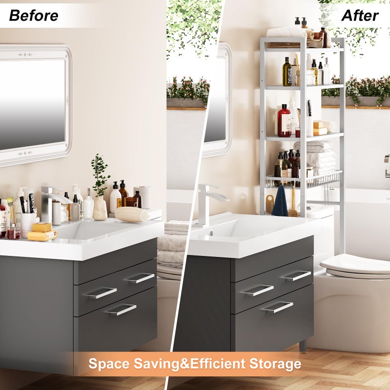 Kalrin Over-The-Toilet Storage Rack, 4-Tier Bathroom Organizer Shelf Over Toilet with Adjustable Shelf and Basket, Freestanding Space Saver Bathroom Shelves Above Toilet for Room (Pure White) - Image 3