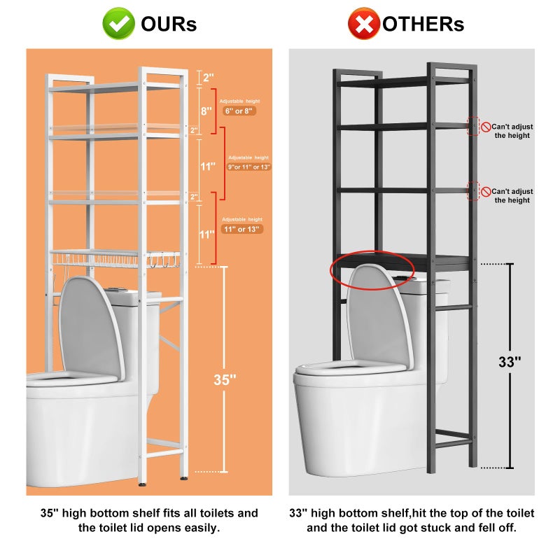 Kalrin Over-The-Toilet Storage Rack, 4-Tier Bathroom Organizer Shelf Over Toilet with Adjustable Shelf and Basket, Freestanding Space Saver Bathroom Shelves Above Toilet for Room (Pure White) - Image 4