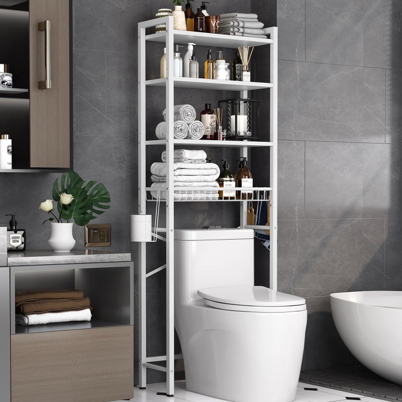 Kalrin Over-The-Toilet Storage Rack, 4-Tier Bathroom Organizer Shelf Over Toilet with Adjustable Shelf and Basket, Freestanding Space Saver Bathroom Shelves Above Toilet for Room (Pure White) - Image 1