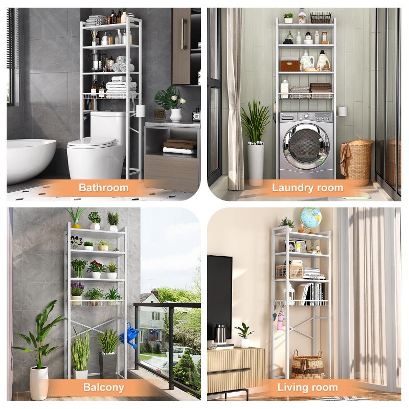 Kalrin Over-The-Toilet Storage Rack, 4-Tier Bathroom Organizer Shelf Over Toilet with Adjustable Shelf and Basket, Freestanding Space Saver Bathroom Shelves Above Toilet for Room (Pure White) - Image 2