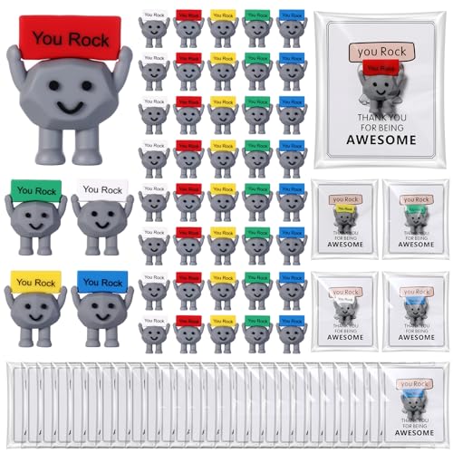 Gejoy 50 Set Mini Rock Figurines Gifts Miniature Positive Party Favors Emotional Support Mini Rubber Toys with Inspirational Card Bag Small Animal Statue for Colleague Staff Coworker Gifts - Image 1