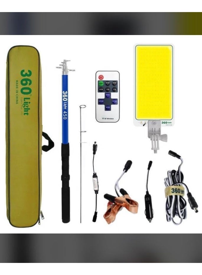 360 مجموعة مصباح تخييم LED محمول بزاوية 360 درجة مع جهاز تحكم عن بعد، عمود تلسكوبي بطول 4.5 متر، وحقيبة حمل - Image 1