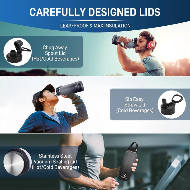 TRENDORA 32 oz Insulated Water Bottle With Straw, Stainless Steel Sports Water Cup Flask with 3 Lids (Vacuum Steel Lid,Straw Lid and Spout Lid) Wide Mouth Travel Thermal Mug Home,School,Gym and Office - Image 3
