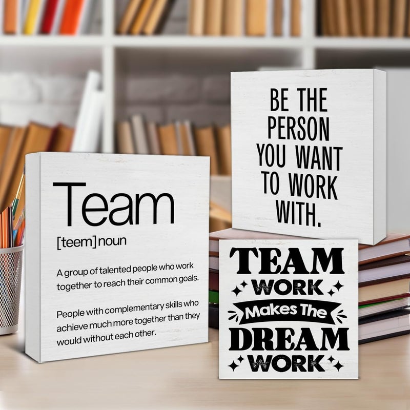 Nvhai 3 Pcs Team Wood Signs Decor Teamwork Wood Block Signs Team Definition Teamwork Be The Person You Want To Work With Wooden Box Signs Decorations For Office Tiered Tray Desk Table Shelf - Image 4