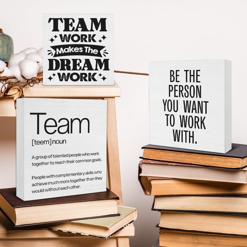 Nvhai 3 Pcs Team Wood Signs Decor Teamwork Wood Block Signs Team Definition Teamwork Be The Person You Want To Work With Wooden Box Signs Decorations For Office Tiered Tray Desk Table Shelf - Image 5