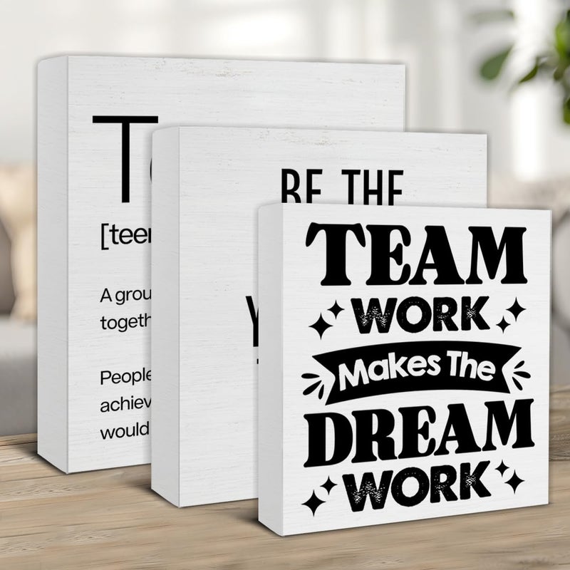 Nvhai 3 Pcs Team Wood Signs Decor Teamwork Wood Block Signs Team Definition Teamwork Be The Person You Want To Work With Wooden Box Signs Decorations For Office Tiered Tray Desk Table Shelf - Image 3